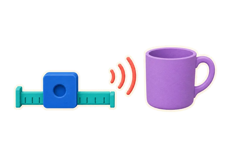 Rail turquoise, bloc cobalt et mug lavande illustrant un écho ultrason