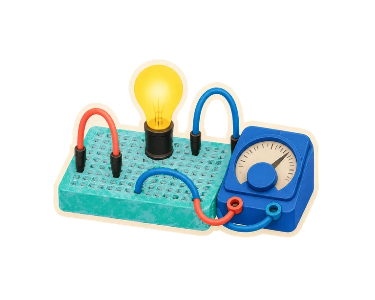 Breadboard turquoise, ampoule jaune et multimètre cobalt découpés