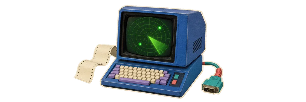 Terminal rétro cobalt affichant un balayage radar vert, papier listing et connecteur