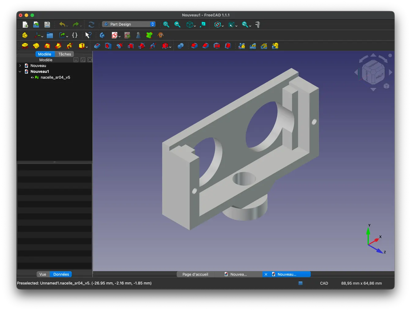 La nacelle v5 dans FreeCAD : le modèle généré par build123d, prêt à exporter