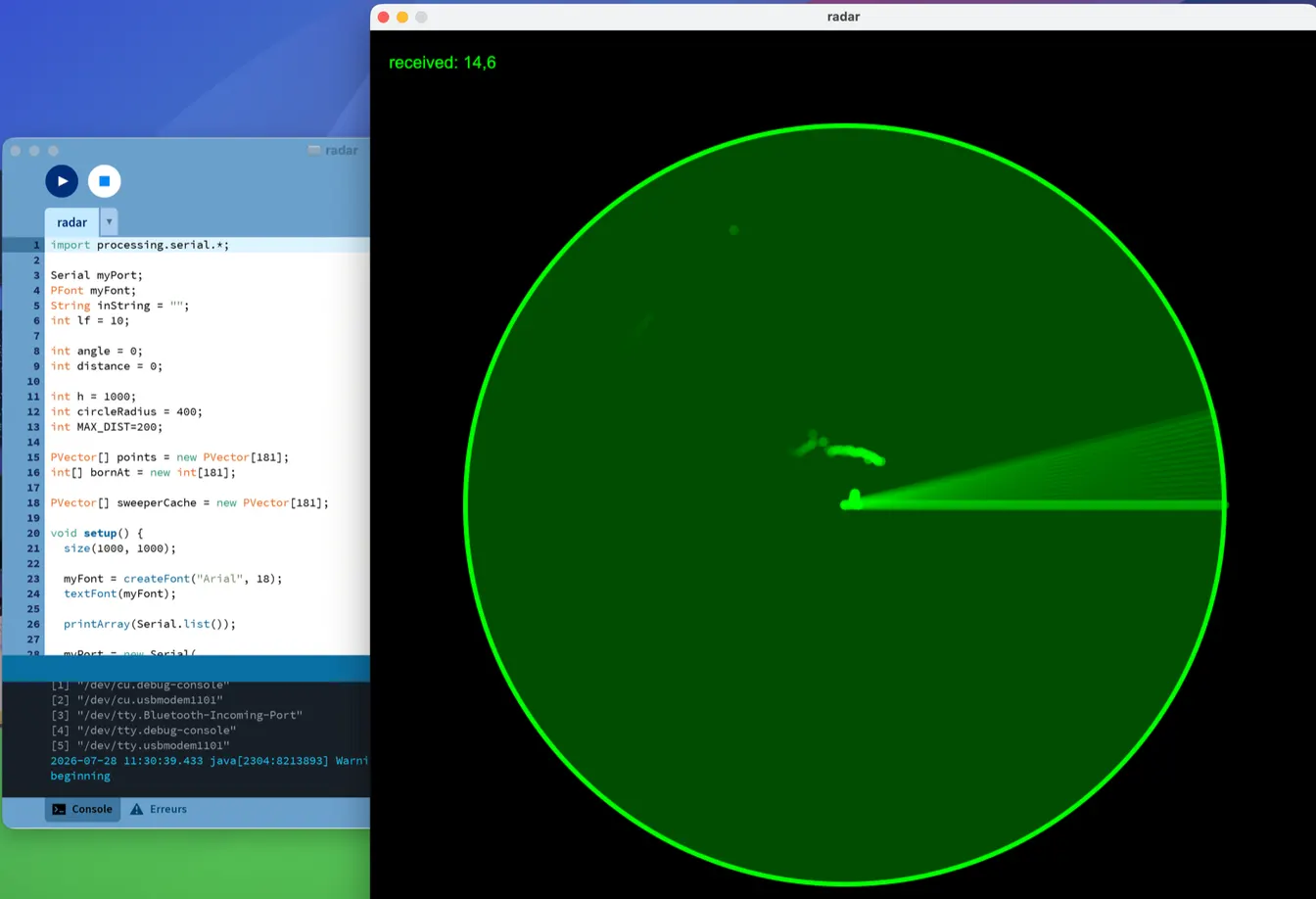 Le sketch Processing et son écran radar : le balayage dessine les échos en vert phosphorescent